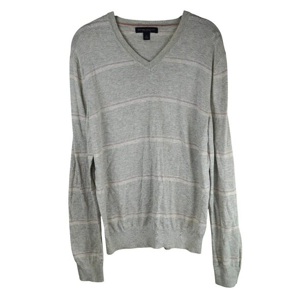 Banana Republic Mens Grey Striped Silk & Cotton V-Neck Sweater M - Picture 1 of 5
